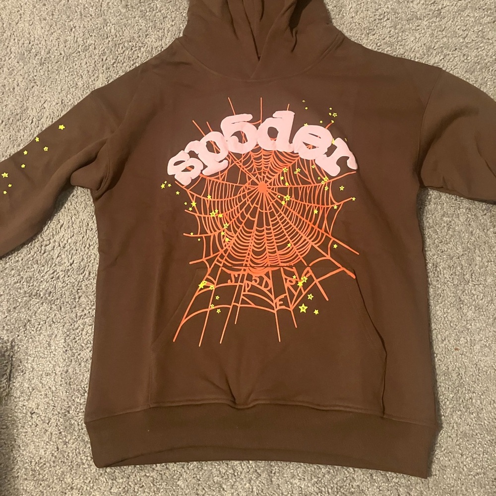 Brown Hoodie with Pink 'spodder' Logo and Orange Spiderweb Graphic